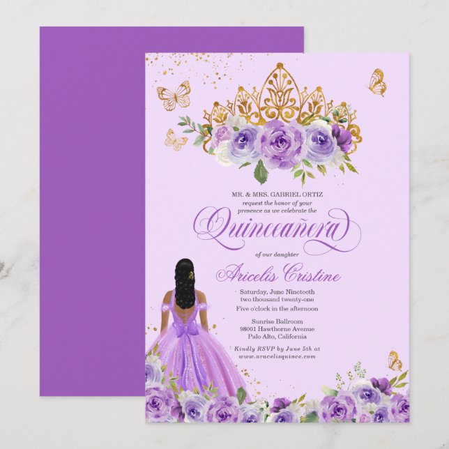 Quinceañera Purple Watercolor Roses Butterfly Invi Invitation (Front/Back)
