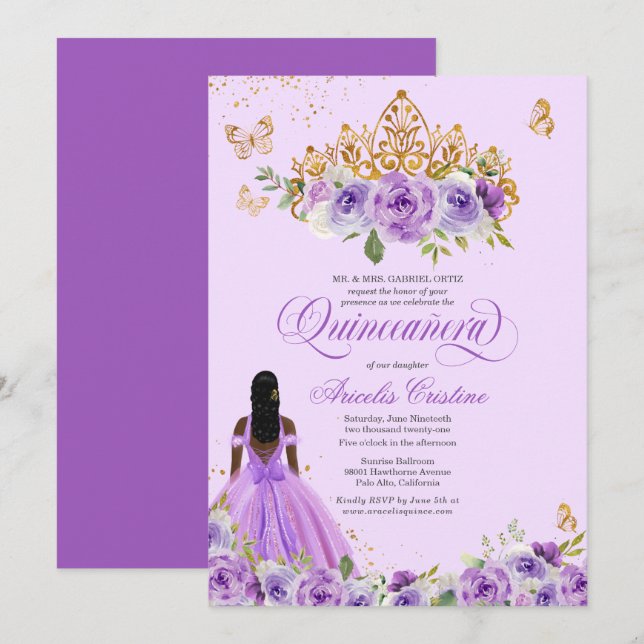 Quinceañera Purple Watercolor Roses Butterfly Invitation (Front/Back)