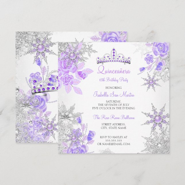 Quinceanera Purple Winter Wonderland Snowflake Invitation (Front/Back)