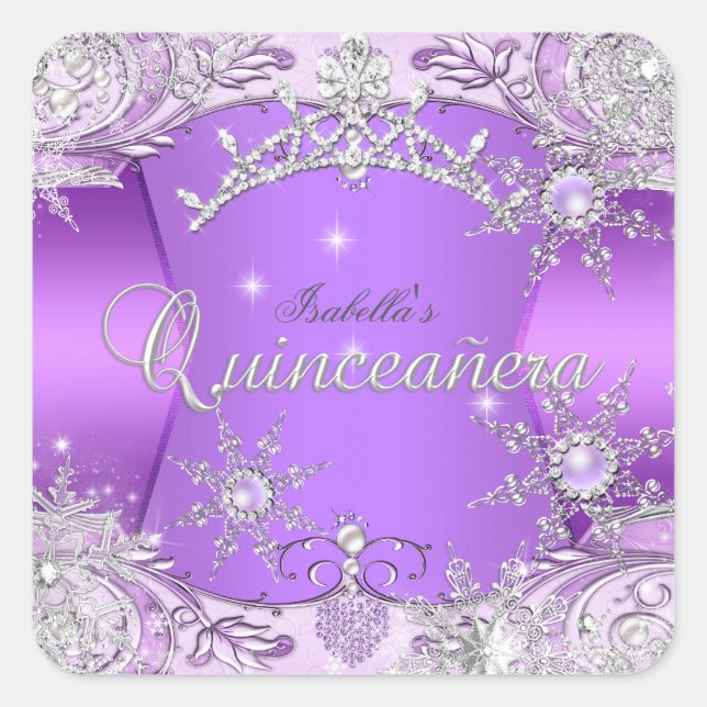 Quinceanera Purple Winter Wonderland Snowflakes Square Sticker (Front)