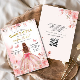 Quinceañera QR Code Blush Pink Rose Floral Invitation