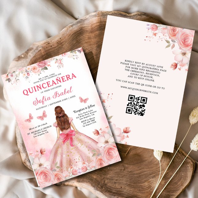 Quinceañera QR Code Blush Pink Rose Floral  Invitation (Creator Uploaded)