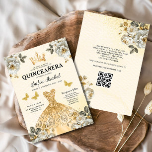 Quinceanera QR Code Floral Gold Princess  Invitation