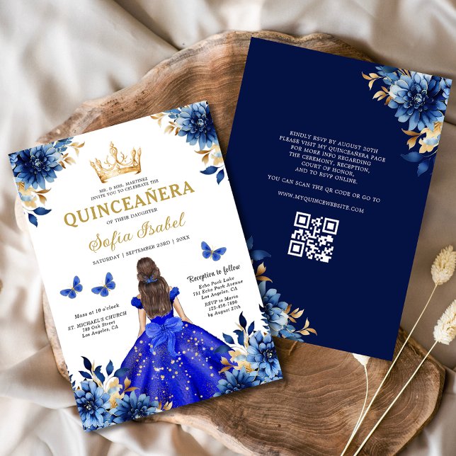 Quinceanera QR Code Royal Blue Butterfly Princess  Invitation (Creator Uploaded)