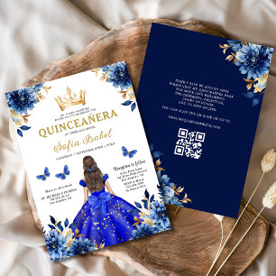 Quinceanera QR Code Royal Blue Butterfly Princess  Invitation