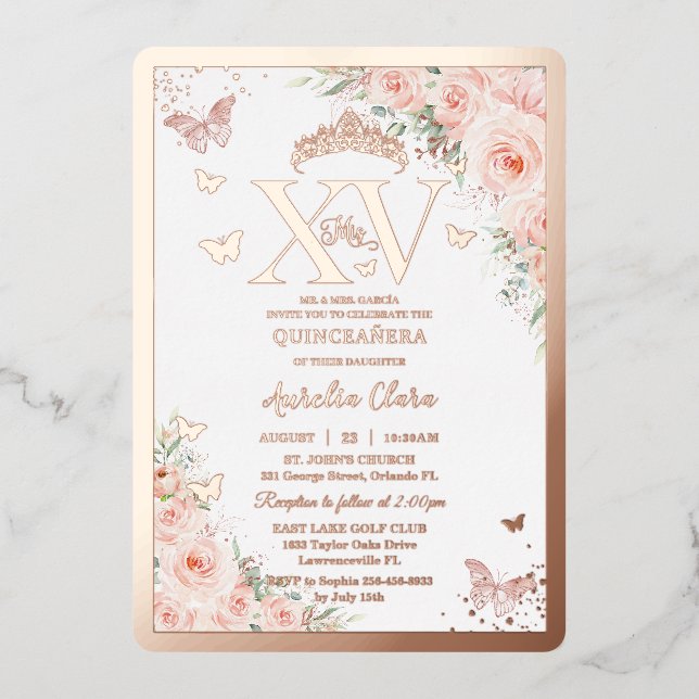 Quinceañera Quince 15 XV Blush Floral Rose Gold (Front)