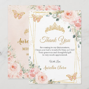 Quinceañera Quince Blush Pink Floral Butterflies  Thank You Card