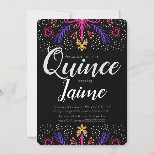Quinceanera Quince Fun Dotted Floral Chic Invitation (Front)
