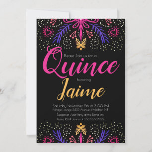 Quinceanera Quince Fun Dotted Floral Pink Black Invitation