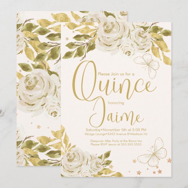 Quinceanera Quince Watercolor Butterflies Ivory  Invitation (Front/Back)