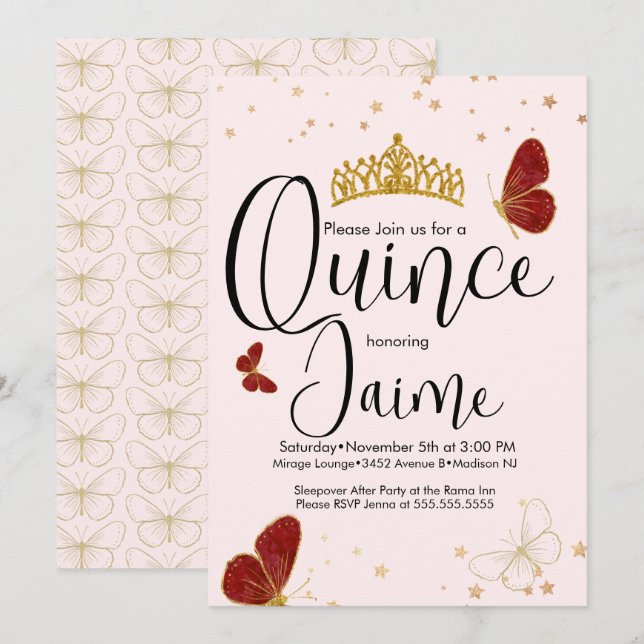 Quinceanera Quince Watercolor Butterflies Pink Red Invitation (Front/Back)