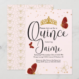 Quinceanera Quince Watercolor Butterflies Pink Red Invitation