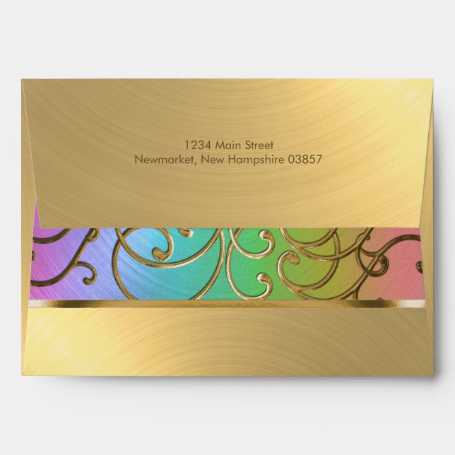 Quinceanera Rainbow and Gold Filigree Swirls Envelope (Back (Top Flap))