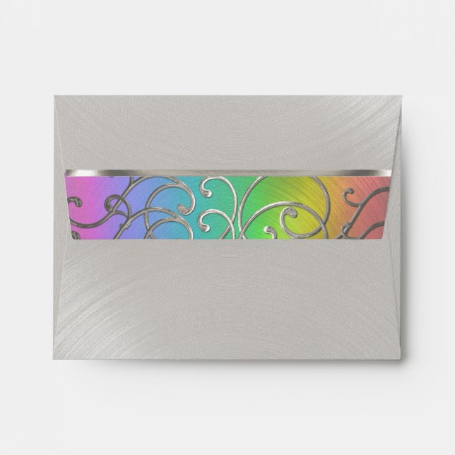 Quinceanera Rainbow and Silver Filigree Swirls Envelope (Back (Top Flap))