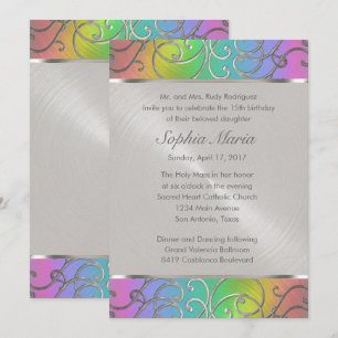 Quinceanera Rainbow and Silver Filigree Swirls Invitation
