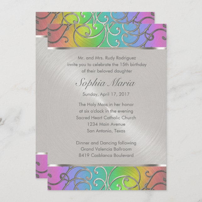 Quinceanera Rainbow and Silver Filigree Swirls Invitation (Front/Back)