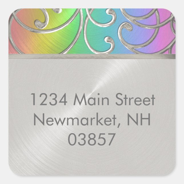 Quinceanera Rainbow and Silver Filigree Swirls Square Sticker (Front)