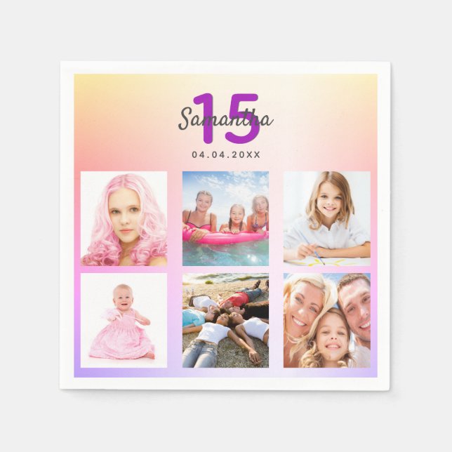 Quinceanera rainbow custom photo pink purple napkin (Front)