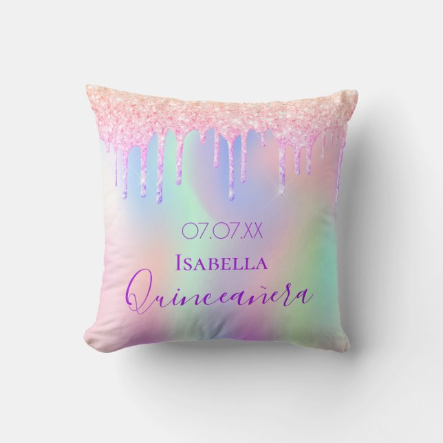 Quinceanera rainbow rose gold pink glitter cushion (Front)