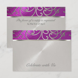 Quinceanera Raspberry and Silver Filigree Swirls Invitation