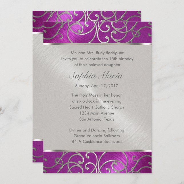 Quinceanera Raspberry and Silver Filigree Swirls Invitation (Front/Back)