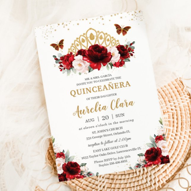 Quinceañera Red and Blush Floral Butterflies Tiara Invitation (Creator Uploaded)