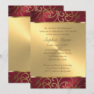 Quinceanera Red and Gold Filigree Swirls Invitation