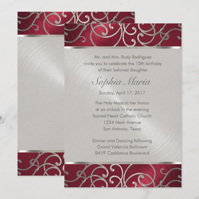 Quinceanera Red and Silver Filigree Swirls Invitation (Front/Back)
