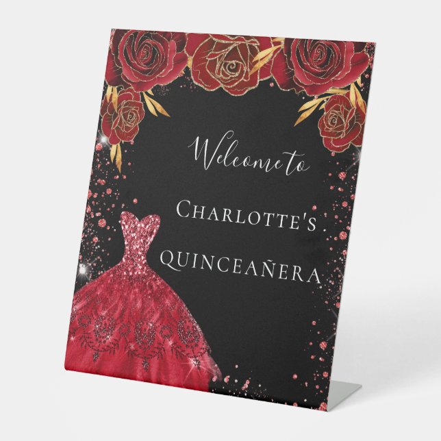 Quinceanera red black dress florals welcome pedestal sign (Front)