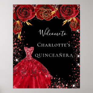 Quinceanera red black dress florals welcome poster