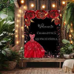 Quinceanera red black dress florals welcome poster