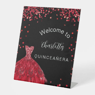Quinceanera red black glitter dress welcome pedestal sign