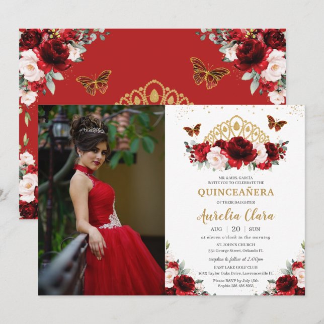 Quinceañera Red Blush Floral Butterflies Crown Invitation (Front/Back)