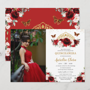 Quinceañera Red Blush Floral Butterflies Crown Invitation