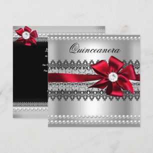 Quinceanera Red Bow Black Pearl Lace Diamond Invitation