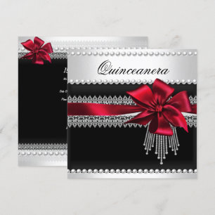 Quinceanera Red Bow Black Pearl Lace Diamond Invitation