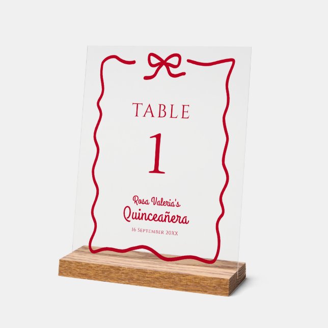 Quinceañera Red Bow Table Numbers personalised Acrylic Sign (Angle)