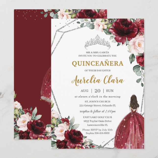 Quinceañera Red Burgundy Blush Floral Silver Tiara Invitation (Front/Back)