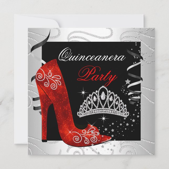 Quinceanera RED Diamond Black White Party Invitation (Front)