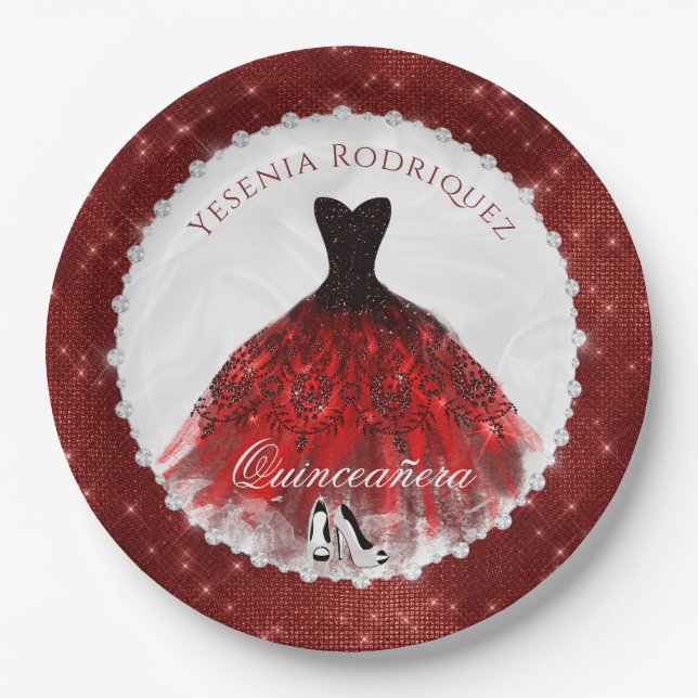 Quinceañera Red Diamond Sparkle Glam Paper Plate (Front)