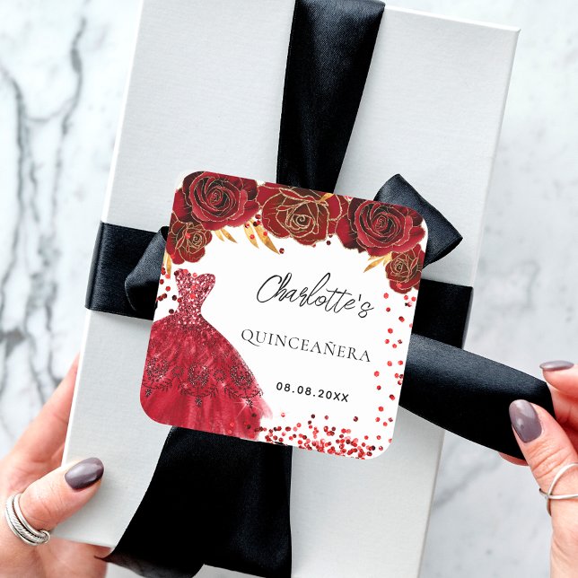 Quinceanera red dress flowers white square sticker (Creator Uploaded)