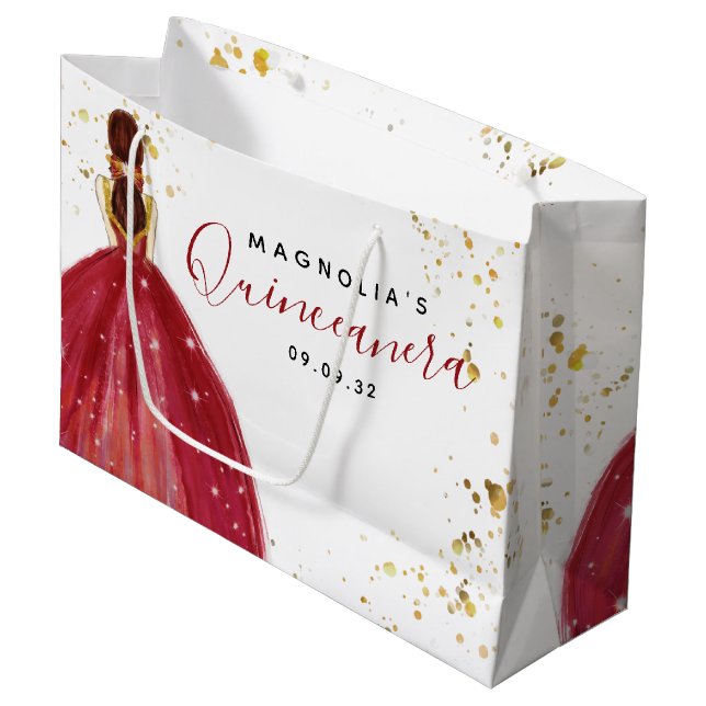 Quinceanera Red Dress Gold Glitter Large Gift Bag (Front Angled)