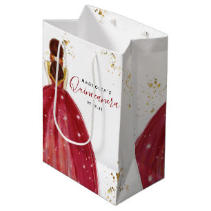 Quinceanera Red Dress Gold Glitter   Medium Gift Bag