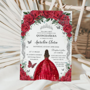 Quinceañera Red Dress Roses Floral Vintage Silver Invitation