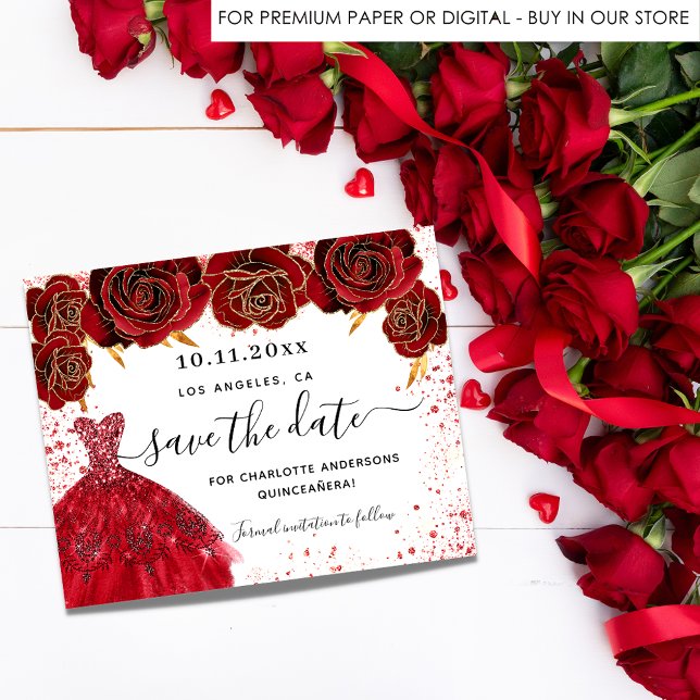 Quinceanera red dress white budget save the date flyer (Creator Uploaded)