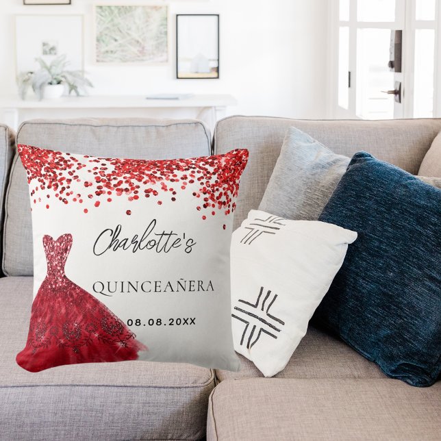 Quinceanera red dress white name cushion (Creator Uploaded)