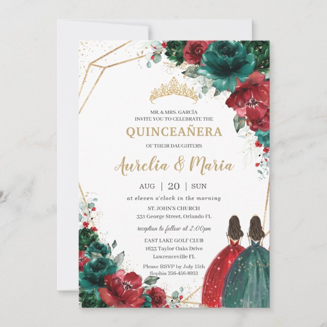 Quinceañera Red Emerald Green Floral Twins Gold Invitation (Front)