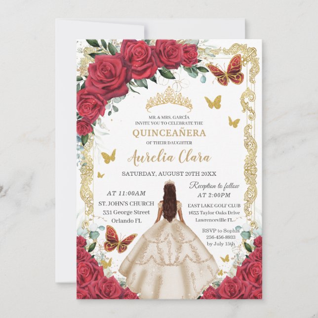 Quinceañera Red Floral Champagne Dress Princess  Invitation (Front)