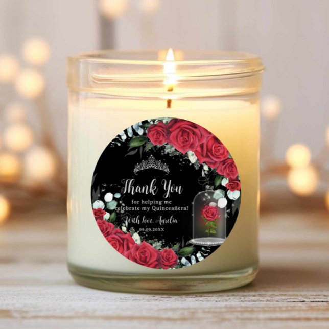 Quinceañera Red Floral Enchanted Rose Black Classic Round Sticker (Creator Uploaded)