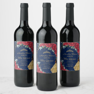 Quinceañera Red Floral Enchanted Rose Navy Blue Wine Label